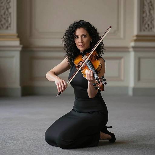 Photograph of a curly-haired woman in a black dress kneeling on carpet, playing a violin with a bow in an elegant, ornately paneled room