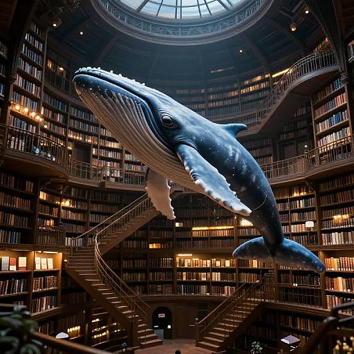 Photograph of a large, detailed blue whale sculpture hanging from the center of a grand, multi-tiered library with towering bookshelves and a dom