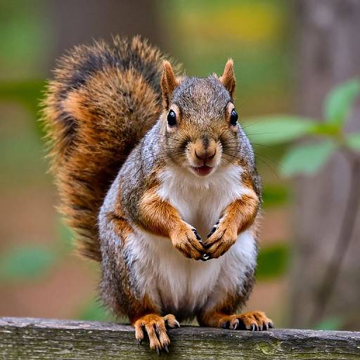 Photograph of a cute, fluffy gray squirrel with brown and white fur, sitting upright on a wooden fence, holding small nuts with its tiny paws