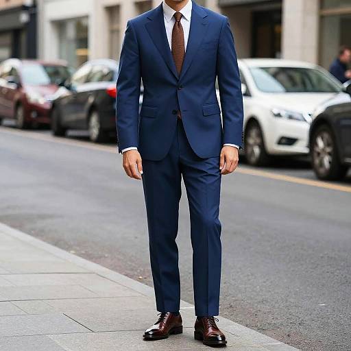 Photograph of a man in a tailored blue suit, white shirt, brown tie, and polished brown shoes standing on a city street. Cars and blurred