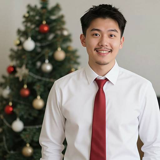 Photograph of smiling Asian man with short black hair, wearing white shirt and red tie, standing in front of decorated Christmas tree.