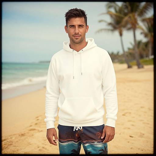 Photograph of a muscular man with short, dark hair and stubble, wearing a white hoodie and blue shorts, standing on a sunny beach with palm
