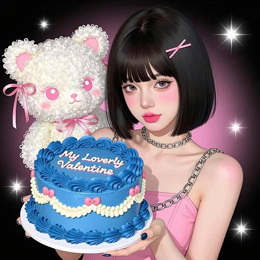 Digital Illustration of Woman with Valentine Cake