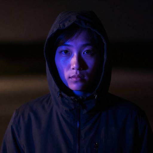 Portrait of Person in Hooded Jacket with Blue Lighting
