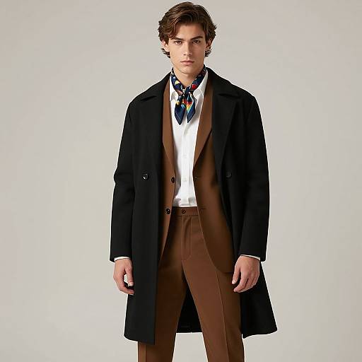 Photograph of a young, handsome man with wavy brown hair, wearing a black overcoat, brown suit, white shirt, and colorful tie,