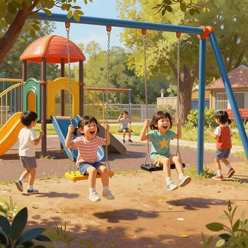 Photograph of joyful Asian children playing on swings in a sunny, colorful playground with trees, a slide, and a red-roofed structure. Bright