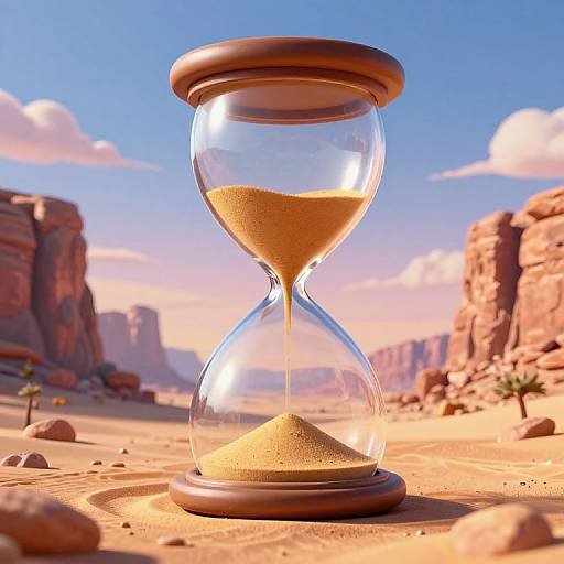 Photorealistic CGI of a glass hourglass with golden sand, set in a sunlit desert landscape with red rock formations and a bright blue sky.