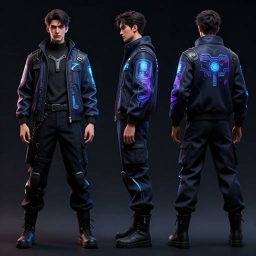 Photograph of a dark-haired man in a black tactical jacket with glowing blue and purple LED patches, standing in three views (front, side, back