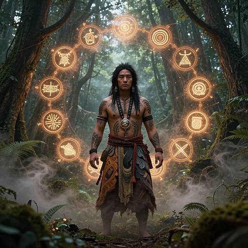 Photorealistic digital art of a muscular, shirtless Native American warrior with long black hair, adorned with tribal jewelry, standing in a misty forest