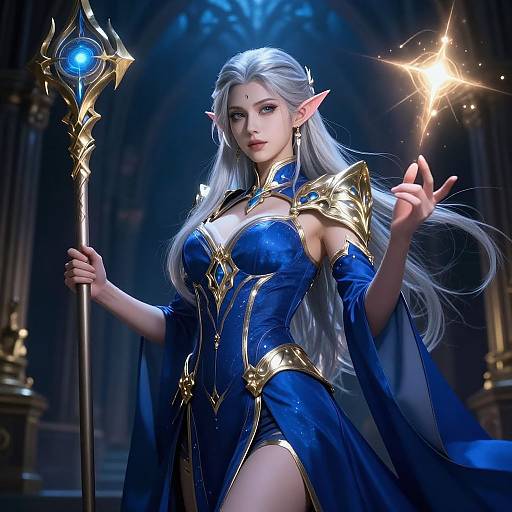 Digital art of a beautiful, silver-haired elf sorceress in a blue and gold outfit, holding a staff with a glowing blue orb and a sparking