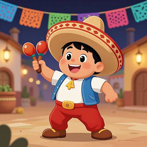 Cartoon Mexican boy in a large sombrero, blue vest, white shirt, red pants, holding maracas, joyfully dancing under colorful papel pic