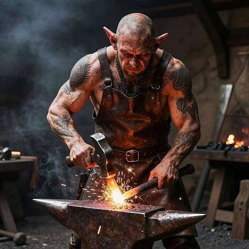 Muscular, bald, tattooed orc blacksmith with pointed ears hammers glowing hot metal on an anvil, surrounded by dark, smoky forge
