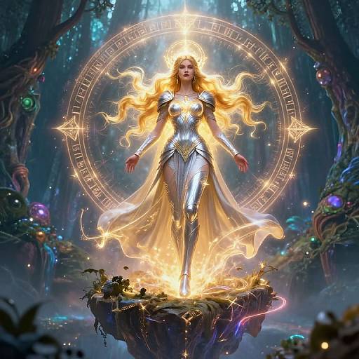 Digital artwork: A glowing, long-haired woman in metallic armor stands on a fiery pedestal, surrounded by a mystical forest with magical symbols and ethereal lights