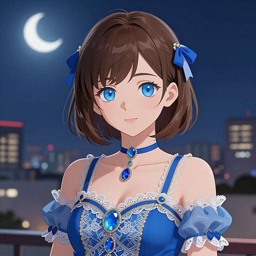 Digital anime-style artwork of a young woman with blue eyes, brown bob haircut, blue lace dress, moonlit cityscape background.
