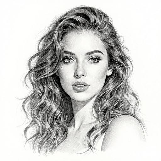 Black-and-white pencil drawing of a beautiful woman with wavy, shoulder-length hair, intense gaze, and subtle smile, set against a plain white background