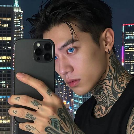 Photograph of a tattooed, blue-eyed Asian man with black hair taking a selfie in a cityscape at night, holding a black iPhone.