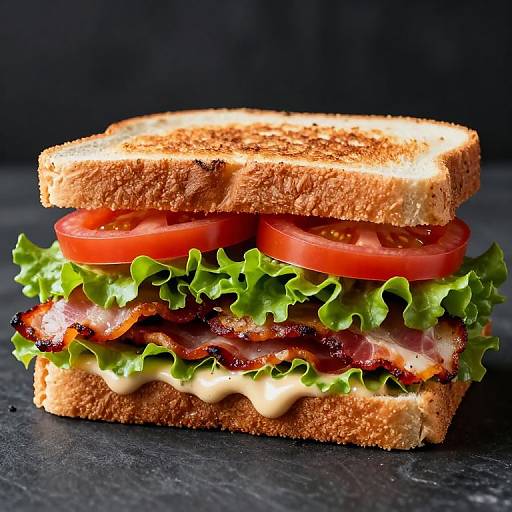 Photograph of a juicy bacon, tomato, lettuce, and cheese sandwich with toasted bread on a dark, textured background.