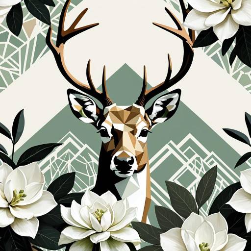 Geometric Deer with Floral Gardenia and Magnolia Background Geometric Deer with Floral Gardenia and Magnolia Background