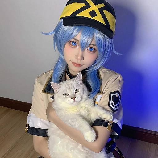 Person with Blue Hair Hugging Cat