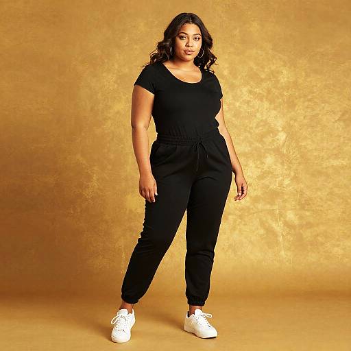 Photograph of a confident, curvy Black woman with medium brown skin, wavy dark hair, wearing a black t-shirt and pants, white sneakers