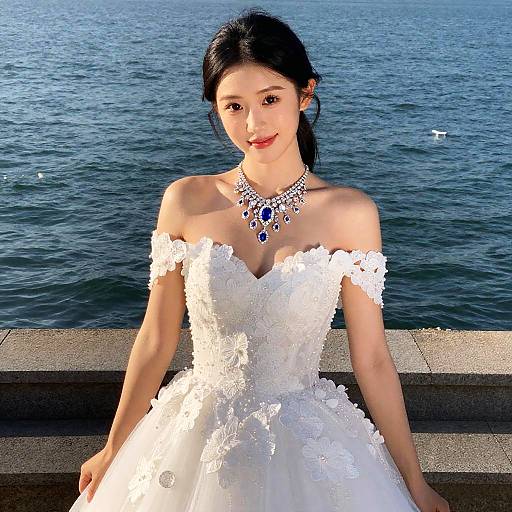 Bride in White Wedding Dress by Water