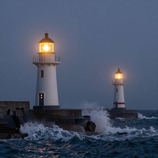 Illuminated Lighthouses Over Turbulent Sea