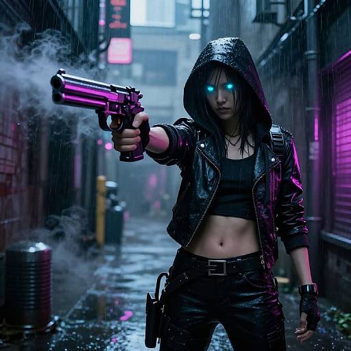 Cyberpunk alleyway at night, rain-soaked, woman with glowing blue eyes, wet black leather jacket, crop top, black pants, aiming