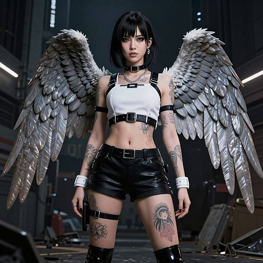 Digital artwork of a tattooed, black-haired woman with silver wings, wearing a white crop top, black shorts, and leather straps in a dark,