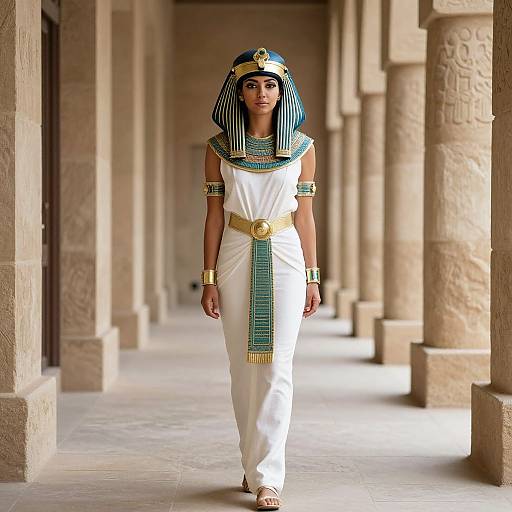 Photograph of an Egyptian woman in traditional white dress, striped headdress, gold accessories, standing in ancient columned hallway.