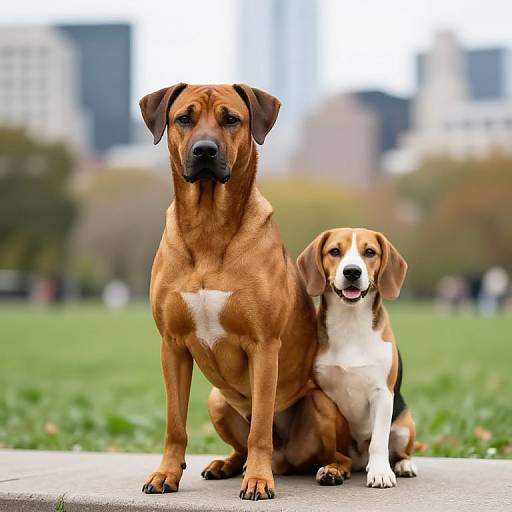 Photograph of a brown and white Beagle sitting beside a brown and white Boxer in a city park, with blurred skyscrapers in the background