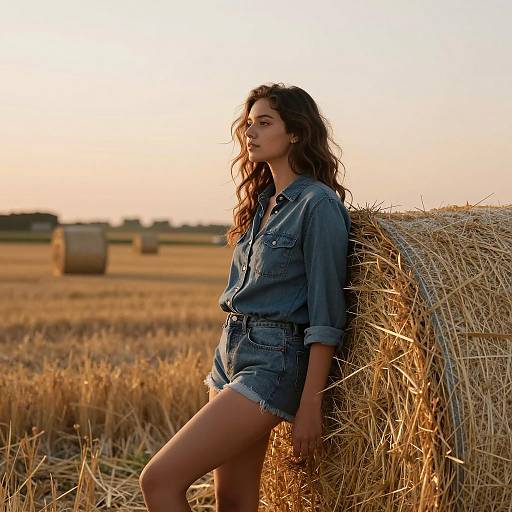 Young Woman Leaning on Hay Bale at Sunset