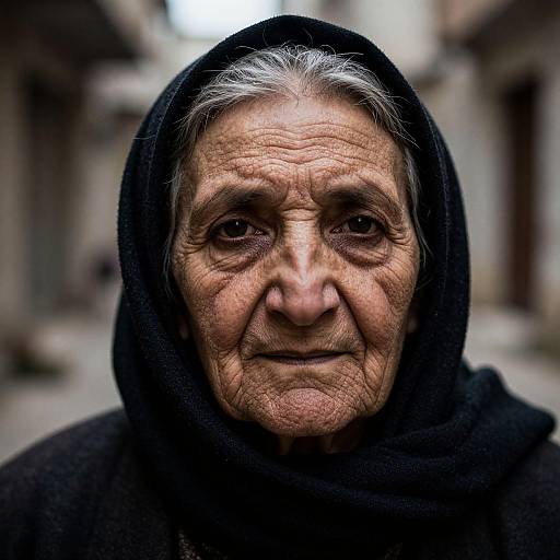 Photograph of an elderly woman with wrinkled, weathered skin, wearing a black headscarf, standing in a blurred urban alley. Her expression