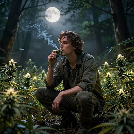 Photograph of a curly-haired man smoking a joint in a moonlit forest, surrounded by glowing cannabis plants, crouched, wearing dark clothes.