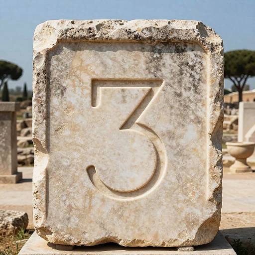 Photograph of an ancient, weathered stone slab with a large, partially eroded numeral 