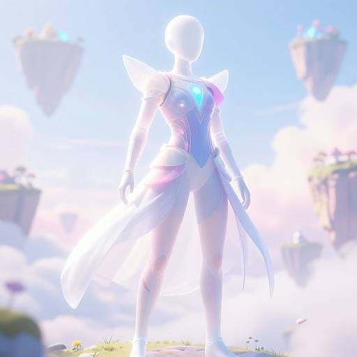 Brightly lit CGI silhouette of a futuristic, armored female warrior with glowing blue accents, standing confidently against a blurry, sunlit background.