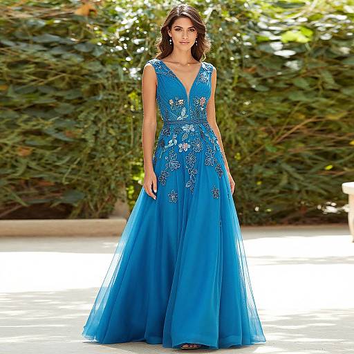 Photograph of a dark-haired woman in a vibrant blue, sleeveless, V-neck evening gown with sparkling floral embroidery, standing outdoors against lush green foliage