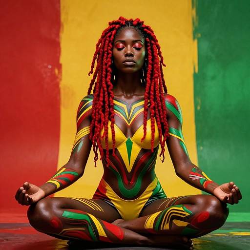 Photograph of a dark-skinned woman with red dreadlocks, wearing a yellow, green, and red body paint bodysuit, sitting in a