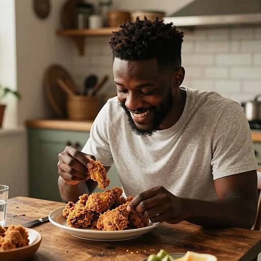 Photograph of a smiling black man with short curly hair and beard, wearing a white t-shirt, eating fried chicken at a rustic kitchen table.
