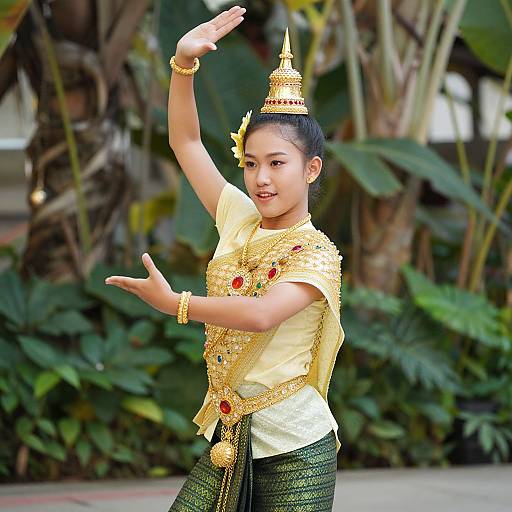 Photograph of an Asian woman in traditional Thai dance attire, wearing golden jewelry and a yellow top, posing gracefully outdoors with lush greenery in the background