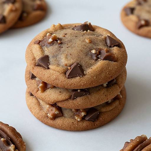 Photograph of a stack of five chocolate chip cookies with visible chocolate pieces and nuts, on a white surface.