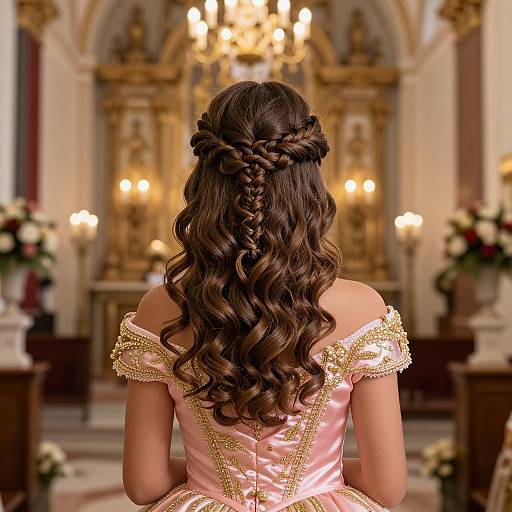 Photograph of a woman with long, wavy brown hair in intricate braids, wearing a pink off-shoulder gown, facing an ornate