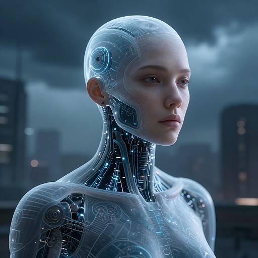 Photorealistic CGI of a female humanoid robot with transparent blue-lit circuitry, smooth pale skin, and a serious expression, set against a dark