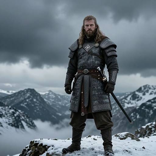 Medieval Scandinavian Warrior on Snowy Mountain