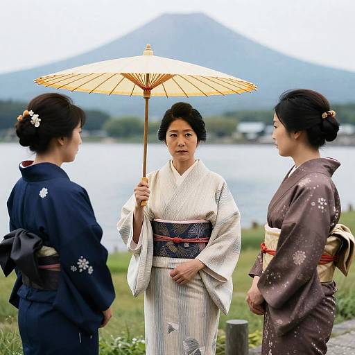 Three Women in Kimonos by a Lake