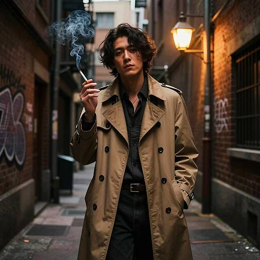 Photograph of a young man with wavy dark hair, wearing a tan trench coat, black shirt, and holding a smoking cigarette in a narrow,