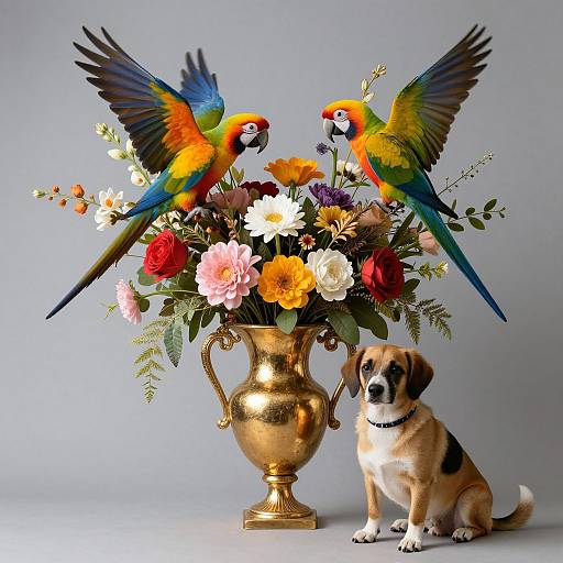 Serene Still Life with Parrots and Lapdog