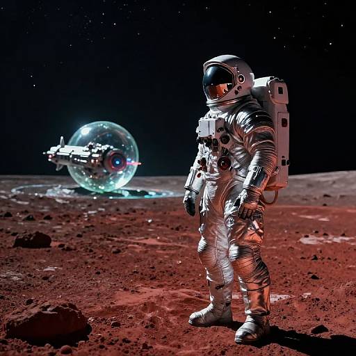 Photorealistic CGI: Astronaut in white spacesuit with reflective helmet stands on red, rocky lunar surface, facing transparent, glowing space station in dark