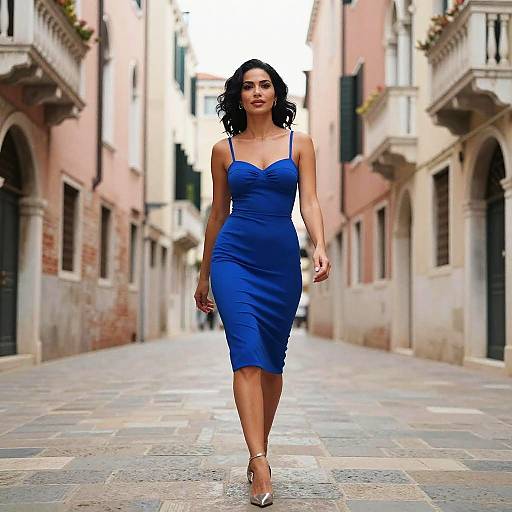 Photograph of a confident woman with curly black hair in a form-fitting royal blue dress, walking down a narrow, cobblestone European alleyway