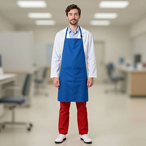 Photorealistic digital image of a bearded man with dark hair, wearing a white lab coat, blue apron, red pants, and white shoes