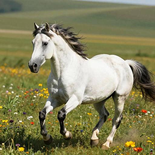 White Horse Galloping in Sunlit Meadow